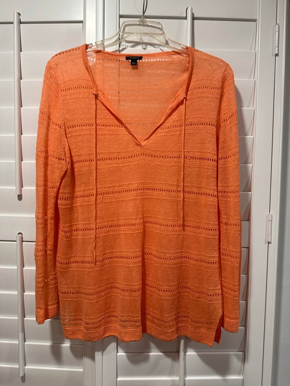 Ann Taylor Orange Linen Blend Open Knit Tie Neck lightweight Sweater Large